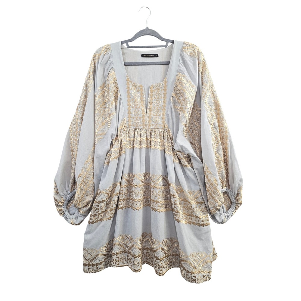 Greek Archaic Kori Embroidered Dress Wmns S Grey Gold Linen Boho Balloon Sleeve